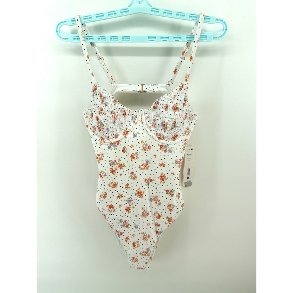 Aqua Floral Polka Dot Underwire One Piece Swimsuit White Medium NWT